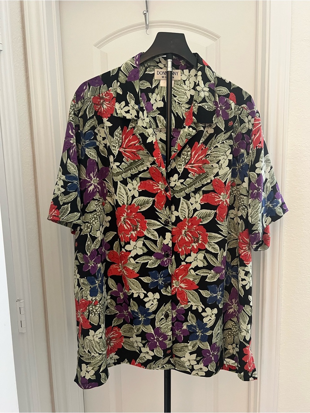Vintage Donnkenny Woman Floral Blouse Plus Size 2X Button Up Short Sleeve 80s
